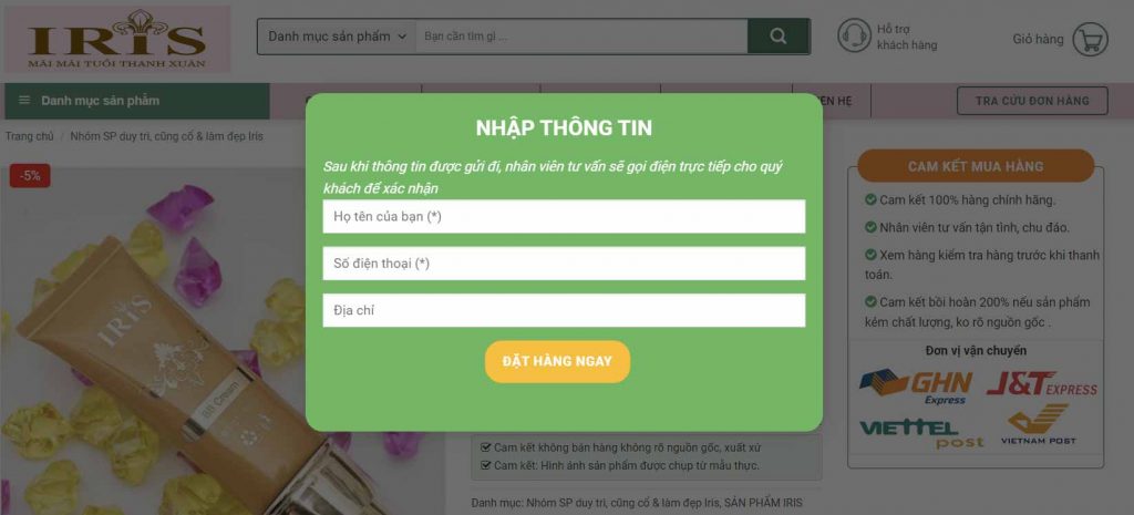 thông tin khách hàng khi đặt hàng nhanh