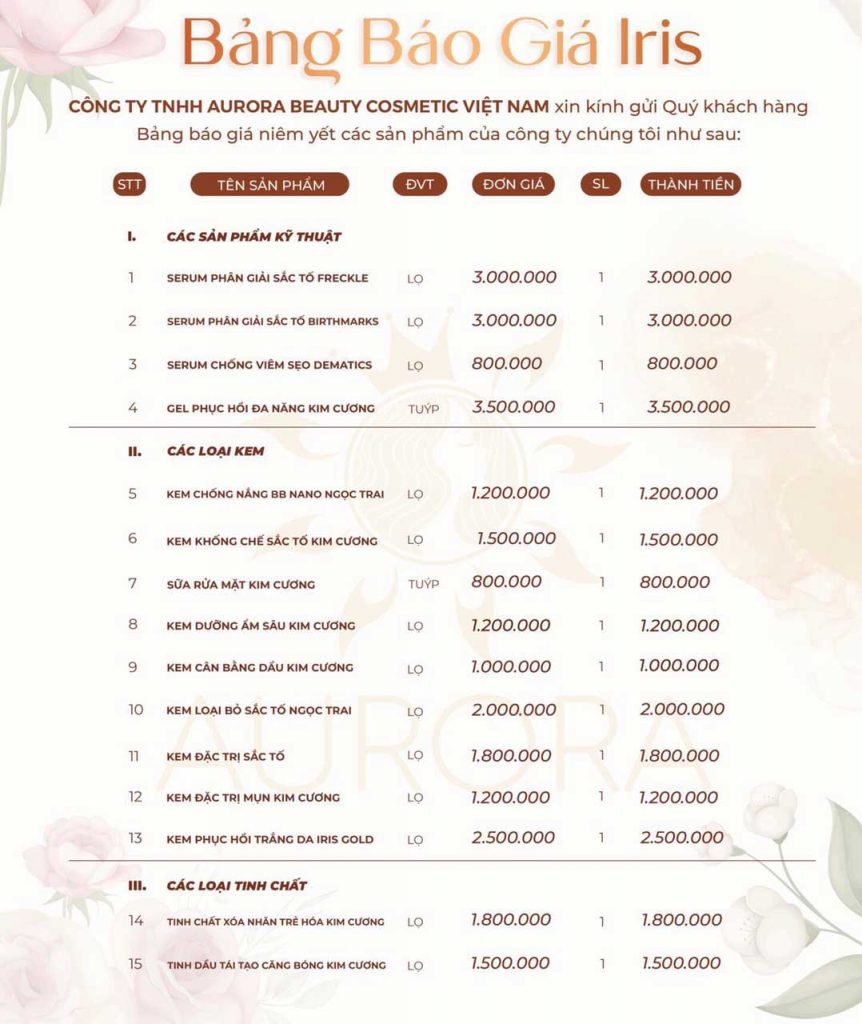 bảng giá mỹ phẩm iris gold